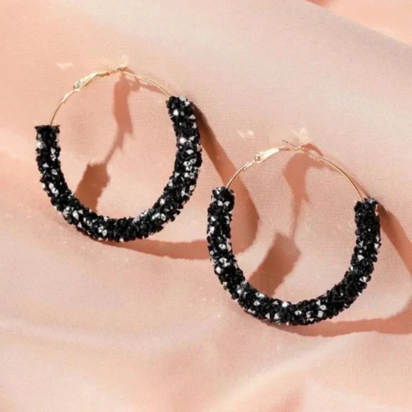 NEW Gold Black & Gray Sequin Hoop Earrings - Picture 2 of 4